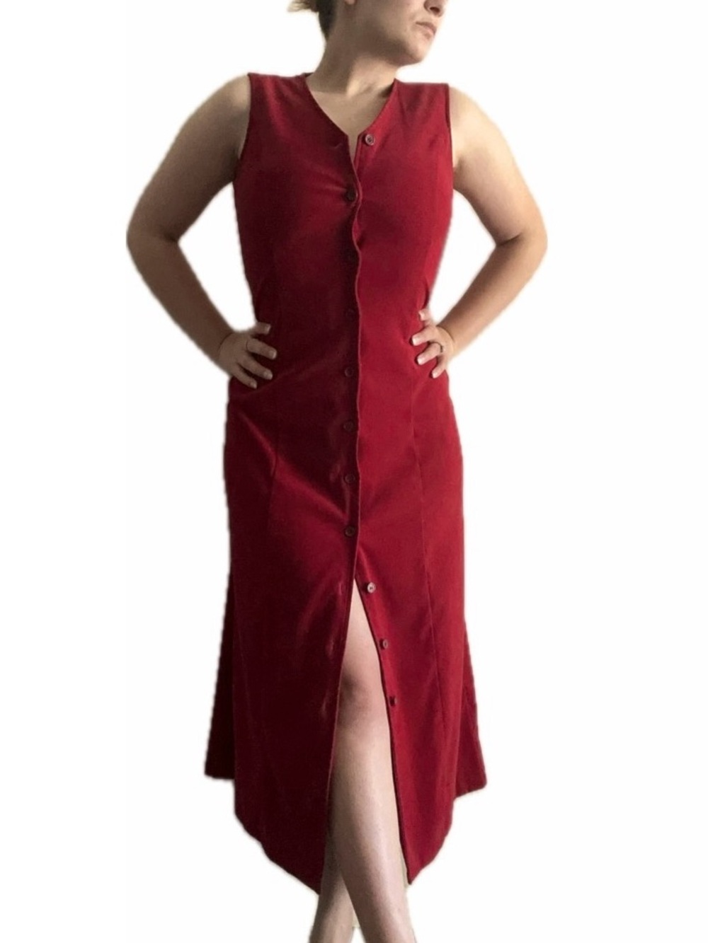 Casual Corner Annex Red Button Up Sleeveless Midi Dress with Suede-Like Material